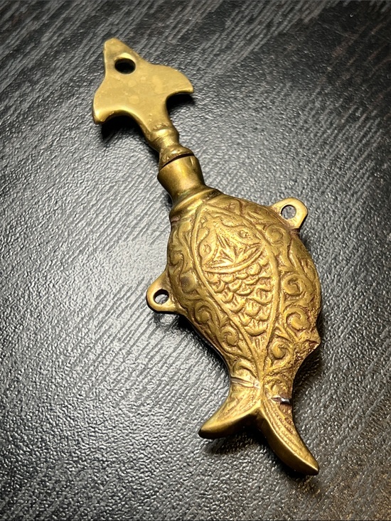 Antique Jewelry - Antique Handmade Brass Fish Perfume Bottle Dauber Necklace Pendant Amulet